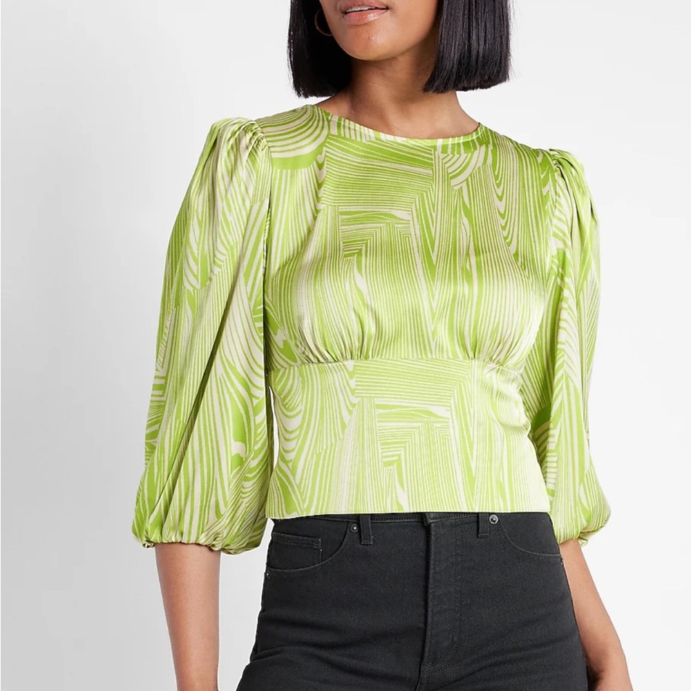Express Conscious Edit Satin Abstract Print Open Back Top in Green Print XL